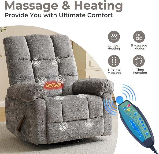 Swivel Rocker Recliner with Massage and Heat, Oversized Rocker Recliner with - Image 3