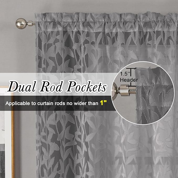Lecloud Leia Charcoal Grey Sheer Curtains 45 Inch Length 2 Panels, Elegant - Image 5