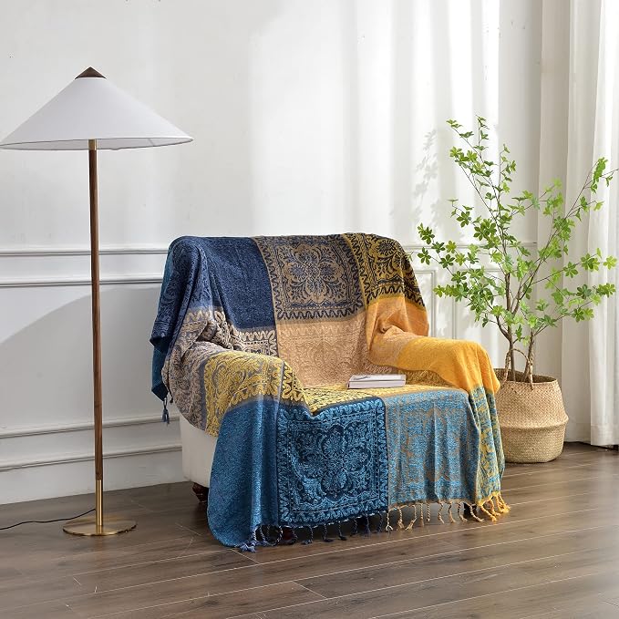 Bohemian Throw Blanket for Couch，Colorful Chenille Tassels Boho Woven Hippie - Image 5