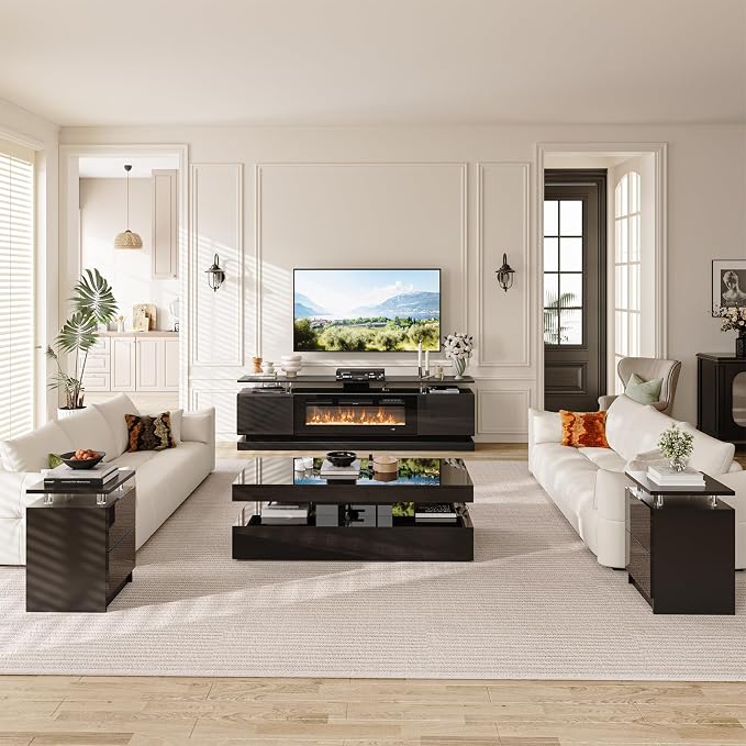 4-Piece Modern Living Room Table Set, Includes High Gloss 70" Fireplace TV Stand - Image 6