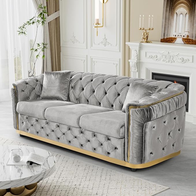 DAMAIFROM Velvet Couch Grey and Gold Sofa Luxury Loveseat 84.6" Mid Century by DAMAIFROMFURNITURE