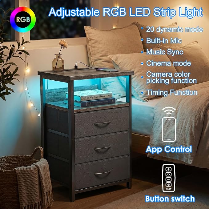 Fixwal Night Stand with Charging Station, LED Nightstand with U-S-B Ports and - Image 4