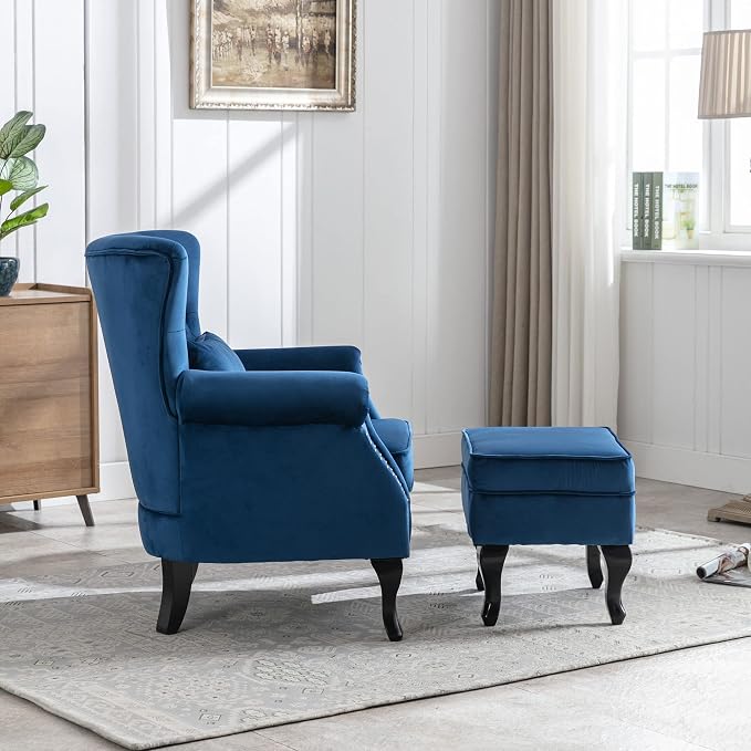 Accent Chairs with Ottoman Set of 2 Velvet Wingback Club Chair Upholstered - Image 5