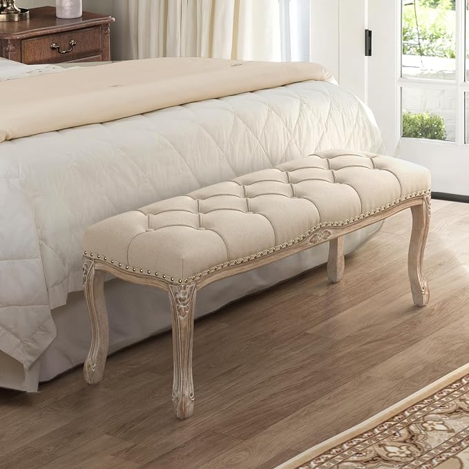 Cozyman Bedroom Bench, French Vintage Tufted Entryway Bench, 45.2" Carving - Image 2