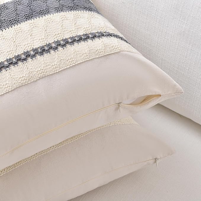 Fancy Homi Set of 1 Neutral Grey Farmhouse Lumbar Decorative Throw Pillow - Image 3