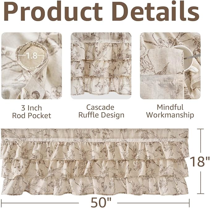 jinchan Ruffled Valance Curtain Linen Floral Kitchen Valance 18 Inch Shabby - Image 5