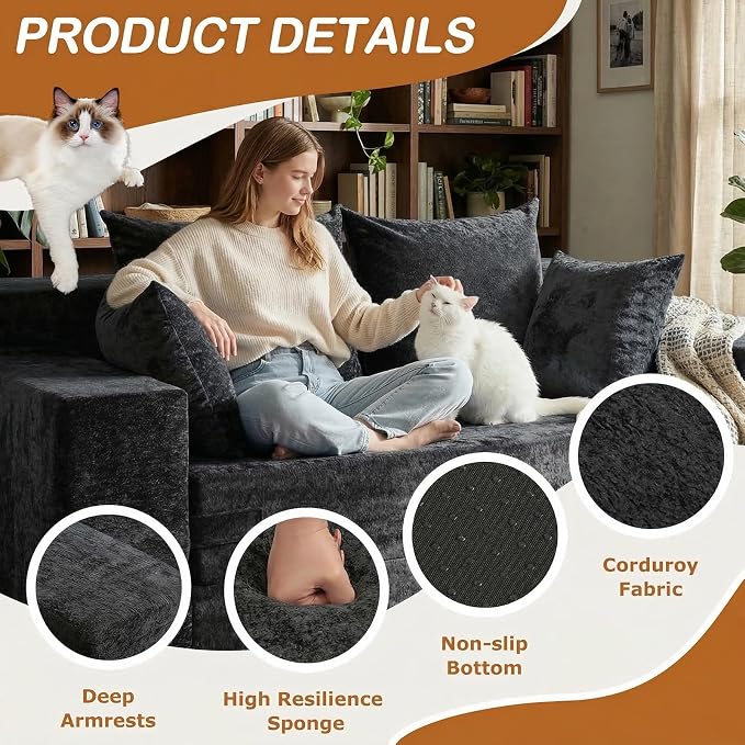 Loveseat Sofa Bed, Convertible Silky Velvet 5-in-1 Foldable Boneless Sleeper - Image 4