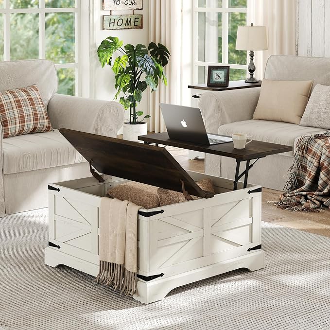Furnideco Farmhouse Lift Top Coffee Table, Square Wood Center Table by FurnidecoFurniture