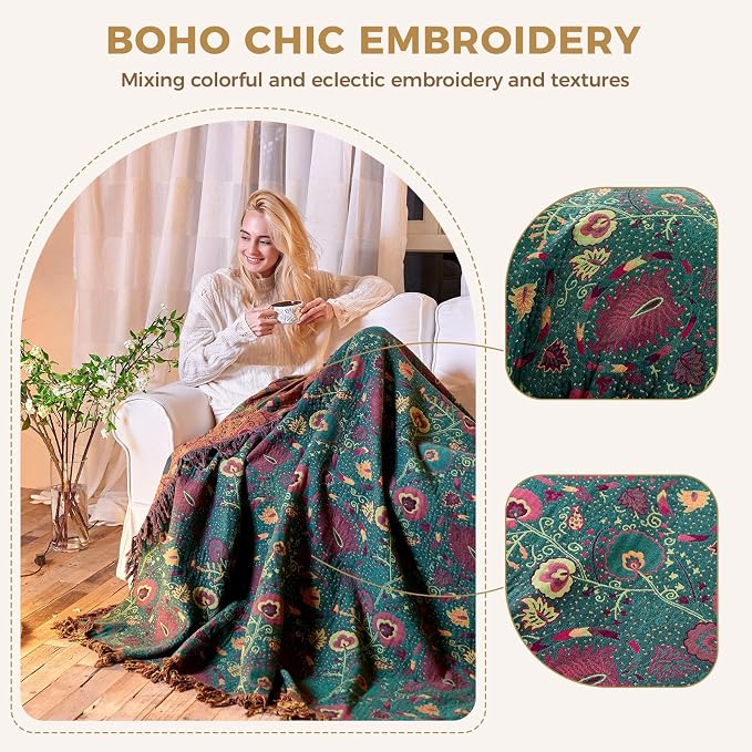 LUTBM Boho Throw Blanket for Bed 100% Cotton Soft Quilt Home Livingroom Decor - Image 3