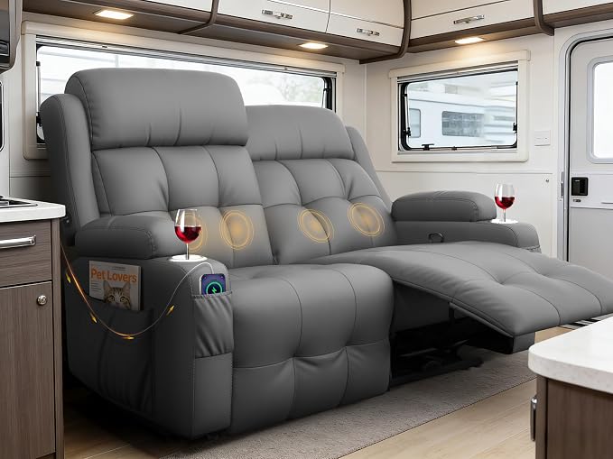 Reclining Loveseat, 55.1" RV PU Leather Wall Hugger Recliner Love Seats Sofa by FurgattiEnjoyYourLife
