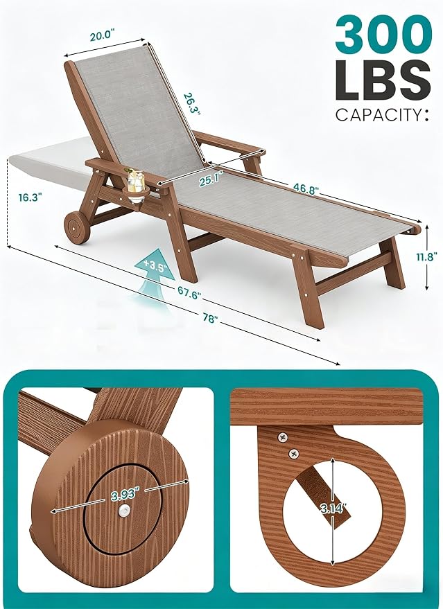SERWALL Textilene Patio Chaise Lounge Chair, 5 Positions Adjustable Outdoor - Image 2