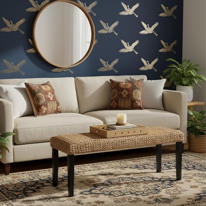 Entryway Bench with Solid Wood Acacia, Water Hyacinth Indoor Bench Seat - Image 5
