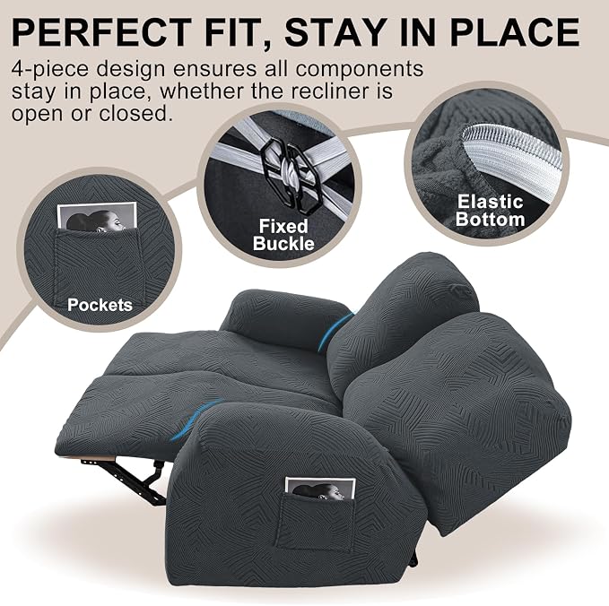 Recliner Loveseat Covers, 4-Piece Stretch Geometric Strokes Jacquard Reclining - Image 4