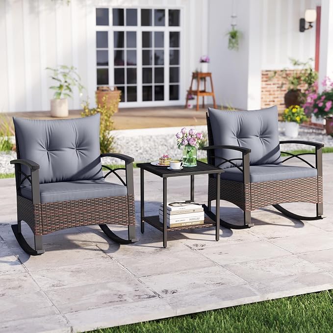 Tangkula 3 Pieces Outdoor Rocking Chairs Set, Rattan Heavy Duty Cushioned - Image 2