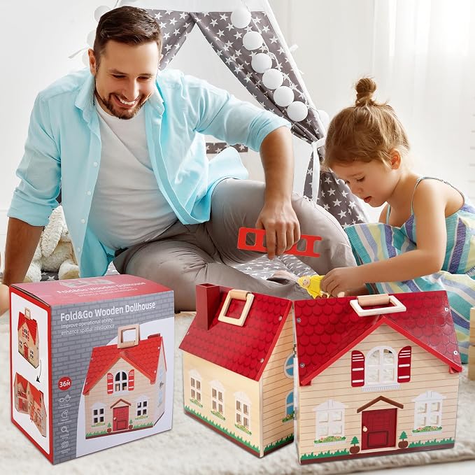 Foldable Wooden Dollhouse with 13PCS Furniture, 4 Rooms and 2 Flexible Dolls - Image 7