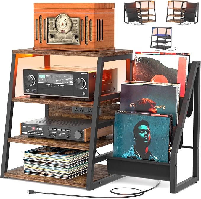 AV Media Stand with Outlets, Stereo Stands and Racks with Vinyl Storage - Image 4