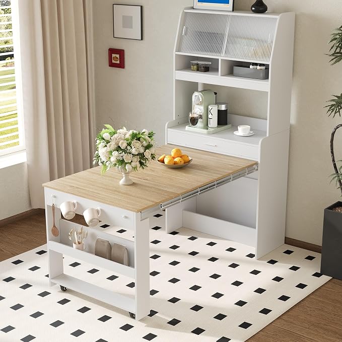 Compact Buffet with Hutch and Foldable Dining Table, 2-in-1 Buffet by SIYSNKSI