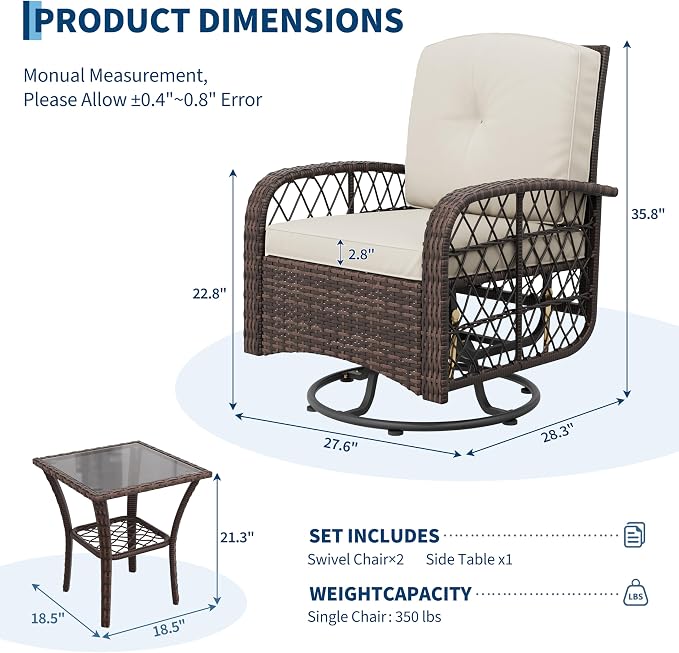 3-Piece Patio Furniture Set, 2 Swivel Rocking Chairs - Image 2