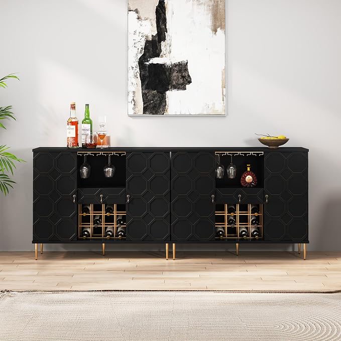 Modern Bar Cabinet with Drawer, Liquor Cabinet with Wine Glass Racks and Shelves - Image 8
