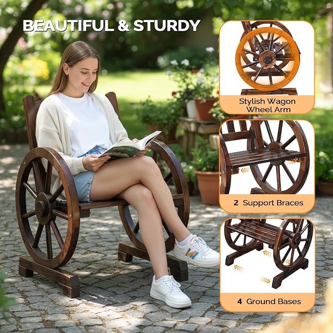 VINGLI Rustic Wooden Wheel Bench Outdoor Bench, Patio Bench Wagon Slatted Seat - Image 4