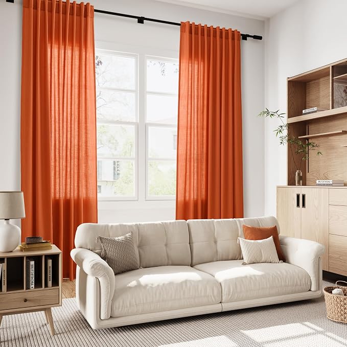 Nanspring Bright Orange Linen Blend Light Filtering Back Tab Curtains 96 Inches - Image 7