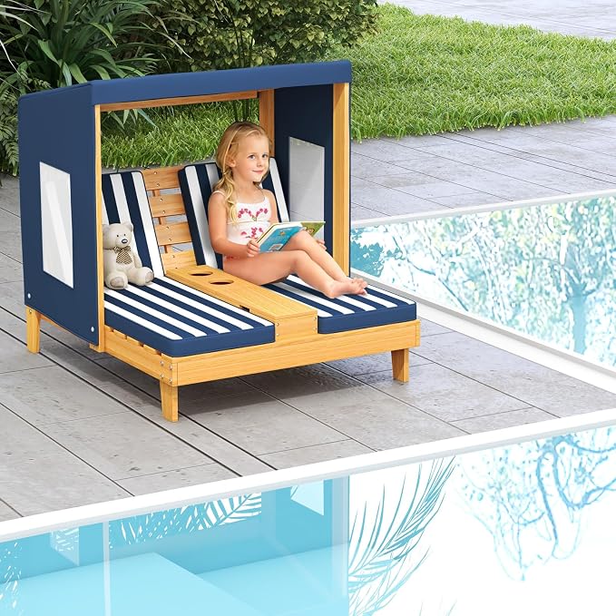 HONEY JOY Kids Chaise Lounge Chair Outdoor, Toddler Wood Double Pool Lounger - Image 9
