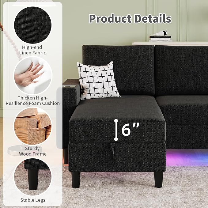 Sectional Couches for Living Room, 6-Seats Soft Linen Fabric Sectional Sofa - Image 7
