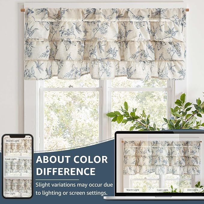 jinchan Ruffled Valance Curtain Linen Floral Kitchen Valance 18 Inch Shabby - Image 8