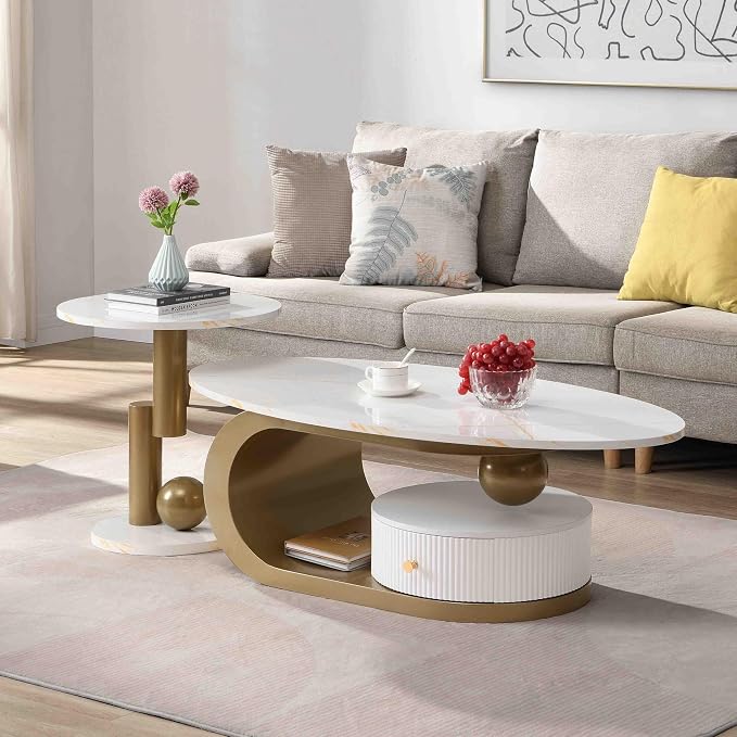 Modern Oval Coffee Table Set of 2, Faux Marble Coffee Table and Round End Table by Henf
