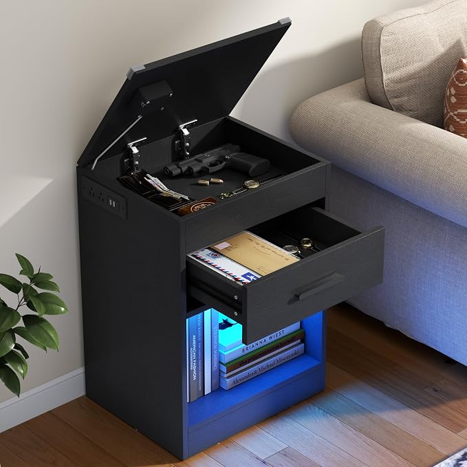 Gyfimoie Led Night Stand with Charging Station & RFID Lock Cabinet, Smart - Image 6