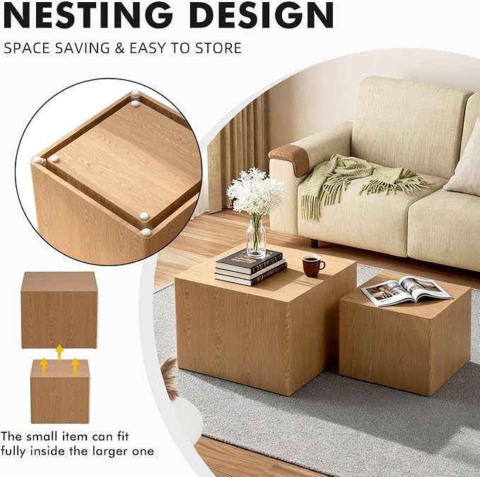 Square Nesting Tables for Living Room, Nesting Coffee Table Wood Grain Veneer - Image 6