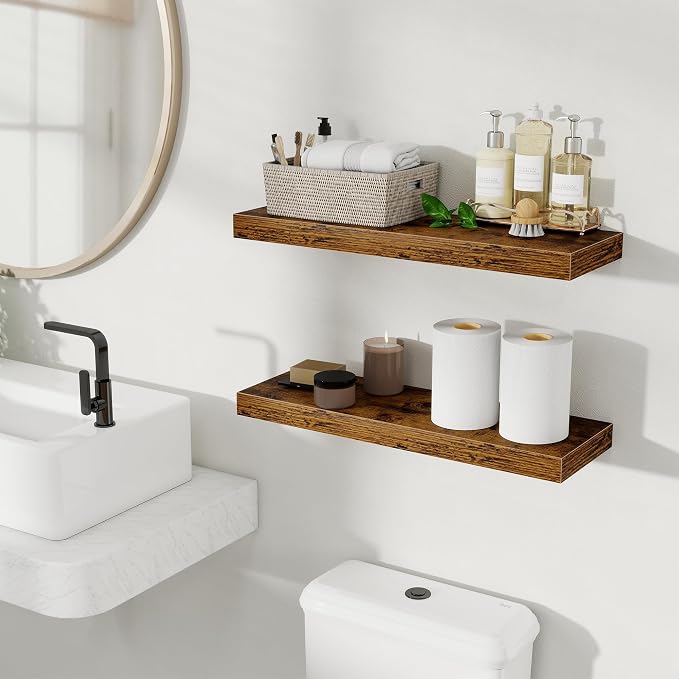 Fun Memories Floating Shelves for Wall, 24 Inch Set of 2 Rustic Wood Wall - Image 2