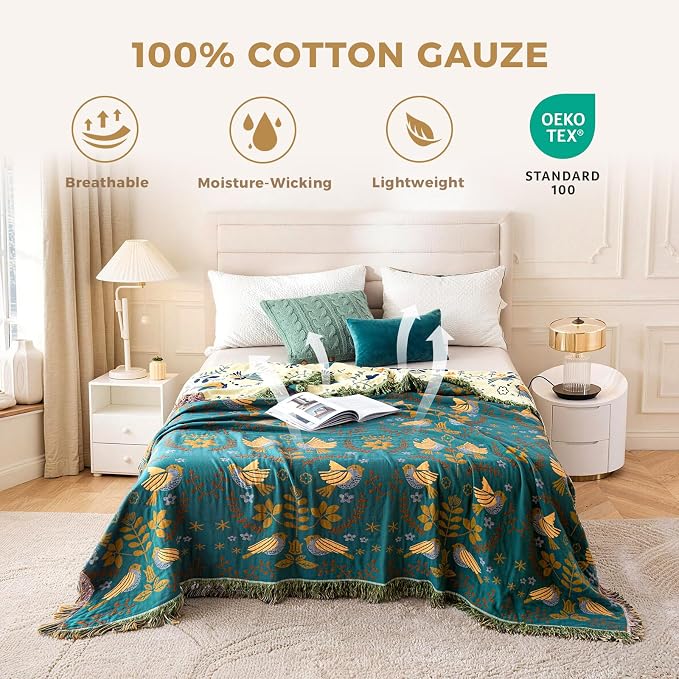 LUTBM Queen Throw Blanket for Bed 100% Cotton Boho Soft Quilt Birds and Floral - Image 2
