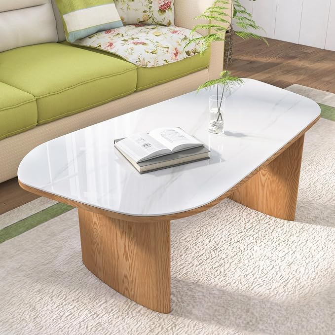 Luxury Marble Coffee Table, Premium Sintered Stone Top, Natural Wood Look Base by Honyee