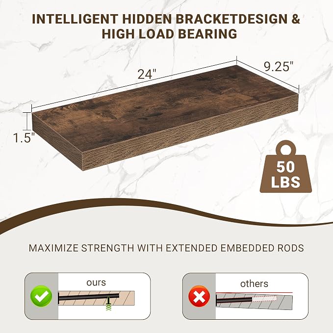 Acovy 24 Inch Floating Shelves, 3D Textured 24"x9.25"x1.5" Inch Deep Floating - Image 3