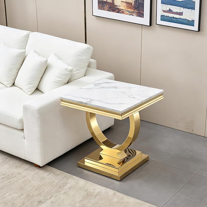 Henf Marble End Table Modern White Faux Marble Sofa Side Table - Image 3