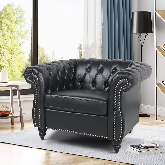 LEVNARY Leather Upholstered Armchair, Mid-Century Modern Single Sofa Chair - Image 3