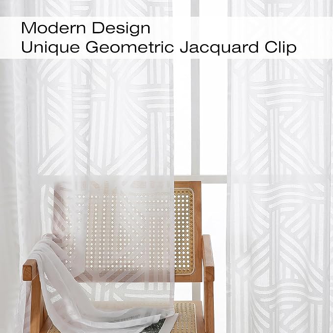 Simplebrand Semi Sheer White Curtains 54 Inch Length 2 Panels, Geometric - Image 3