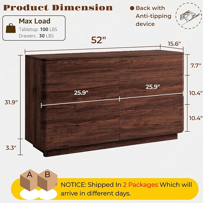 ACCOHOHO 6 Drawer Dresser for Bedroom, Large Storage Chest of Drawers, TV Stand - Image 2