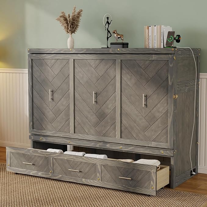 KEIKI Queen Murphy Bed Cabinet Charging Station & Geometrical Panel, Pine Wood - Image 3
