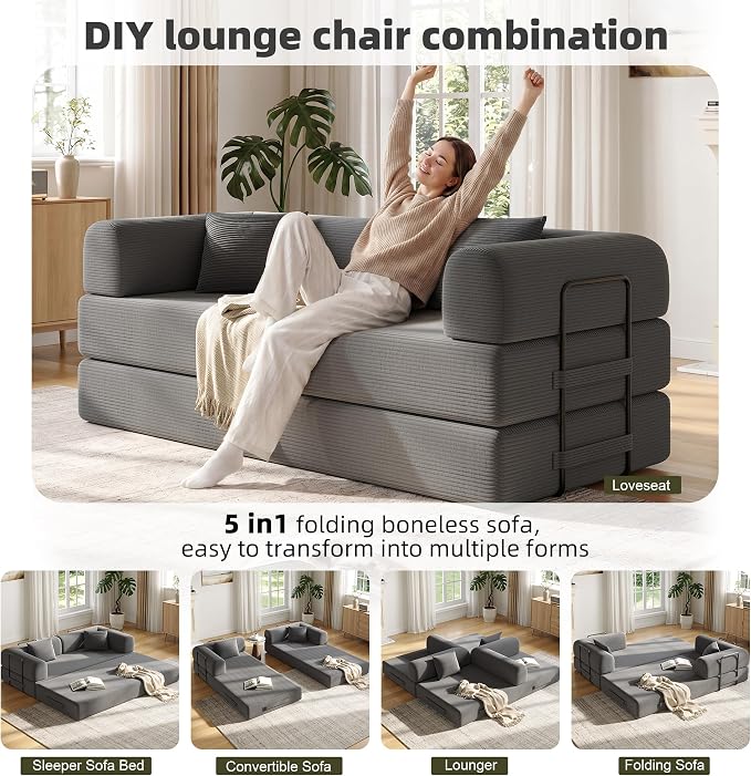 79in Convertible Sofa Bed, Corduroy Boneless Couch Bed, Futon Sleeper Sofa Pull - Image 3