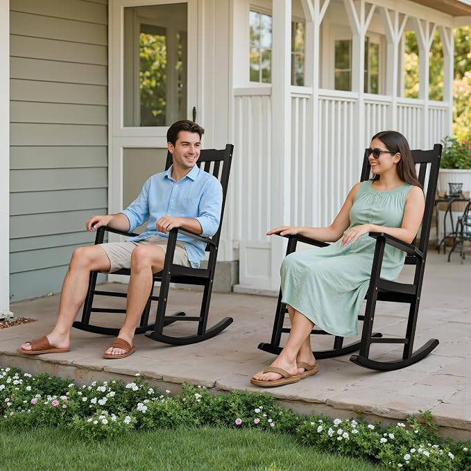 Flamaker Acacia Wood Patio Rocking Chair Set of 2, High Back and Widen Armrest - Image 2