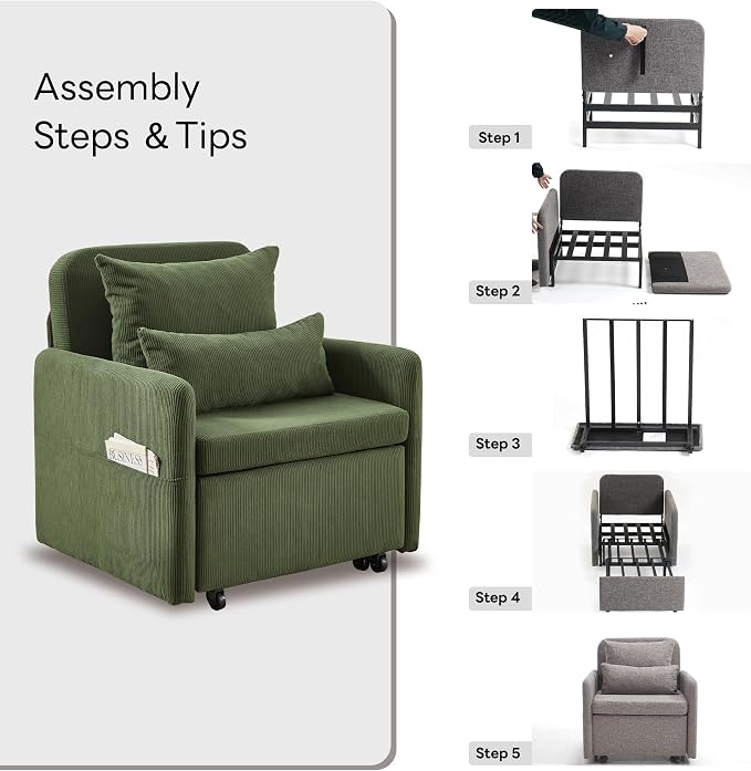 Iroomy 5-Level Adjustable Convertible Sleeper Chair, 3-in-1 Corduroy Pull Out - Image 9