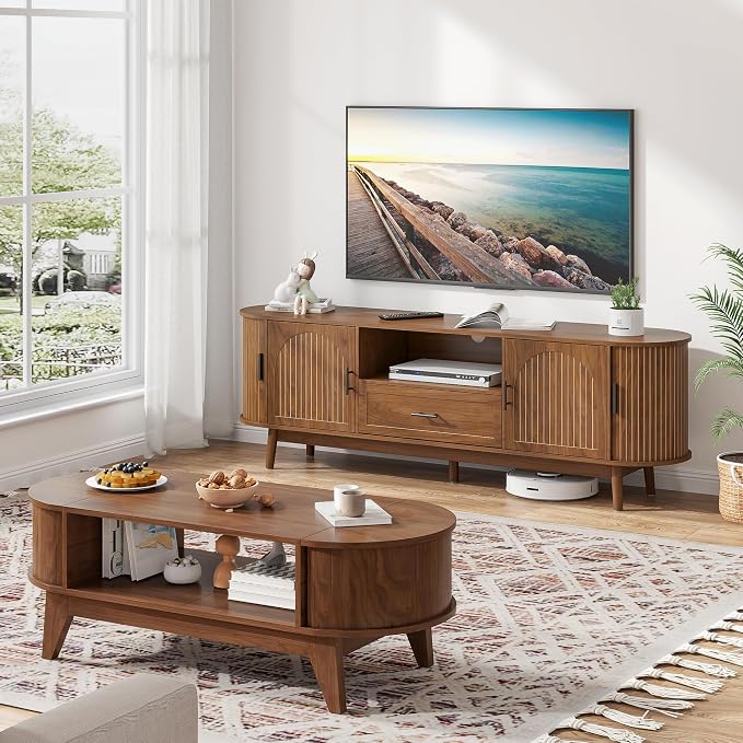 Mxtxmy 70" Fluted TV Stand for Tvs up to 80", Mid-Century Modern Entertainment - Image 7