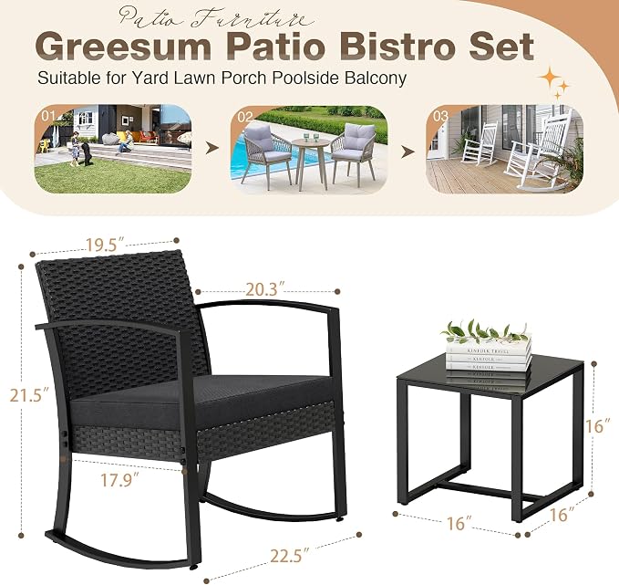 Greesum 3 Pieces Outdoor Furniture Set Patio Bistro Rocking Chairs - Image 7