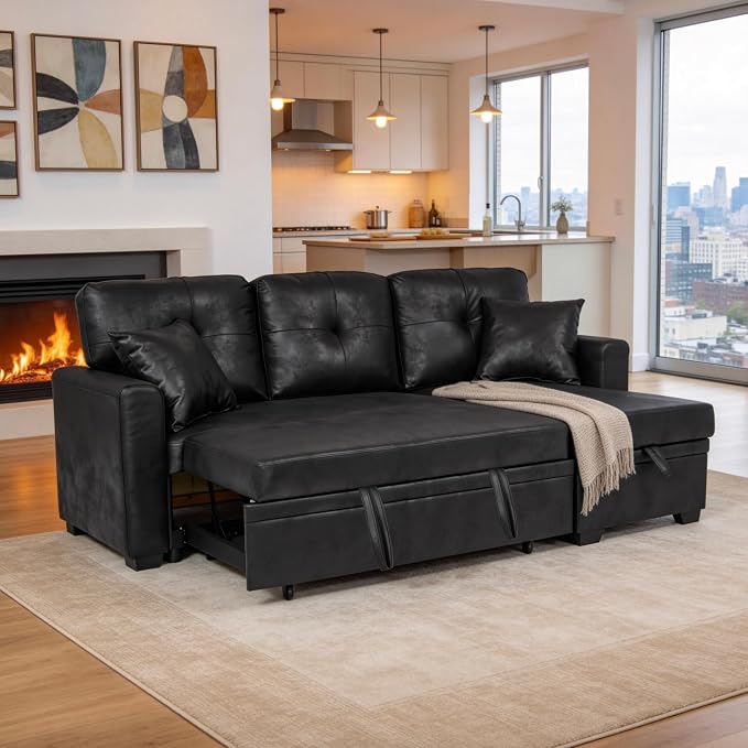 Eafurn Faux Leather Tufted Convertible Sleeper Sectional Sofa Bed, 3 Seater L - Image 9