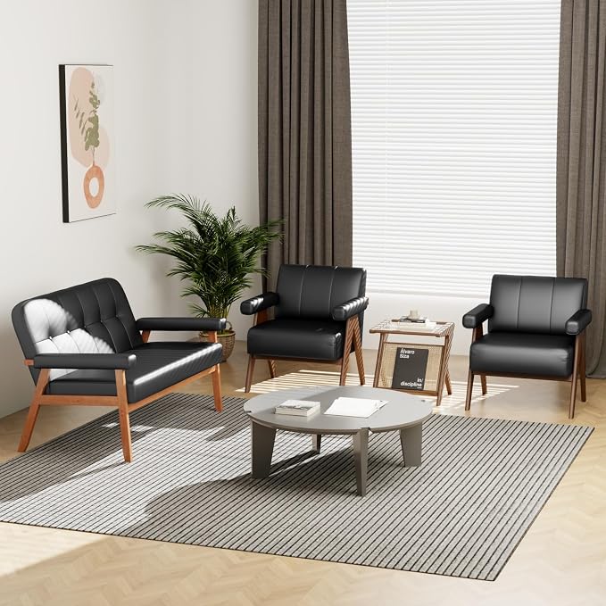 STHOUYN Black Leather Accent Chairs, Mid Century Modern Chair, Side Arm Chairs - Image 7