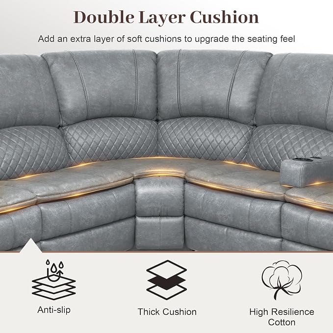 Yolsali Manual Reclining Sectional Sofa Set, 5 Seats Soft Leather Recliner - Image 4