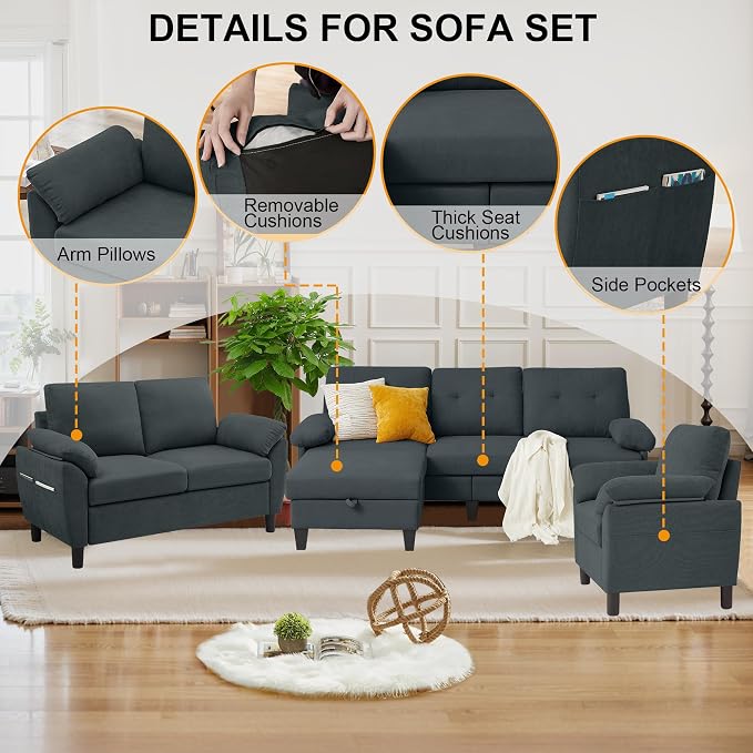 84" Convertible Sectional Sofa Set, 3 Seat L Shaped Couch - Image 4