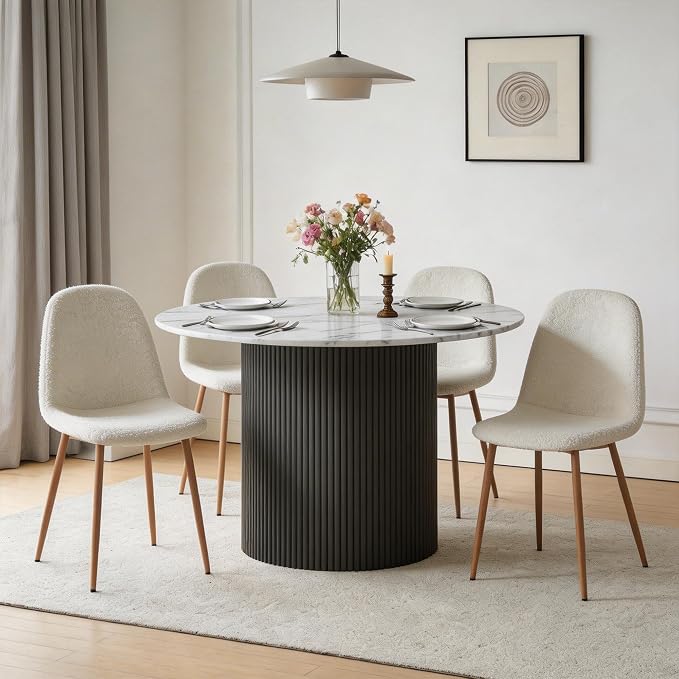 Dining Table Set for 4, Mid Century Modern 47 Inch White Marble-Look Wooden - Image 5